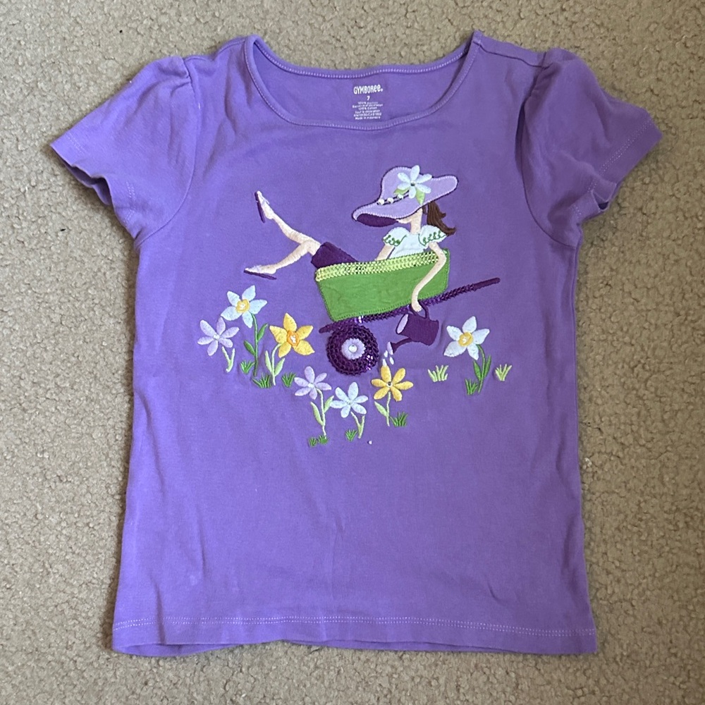 Gymboree Purple Kids T-Shirt with Floral Wheelbarrow Design